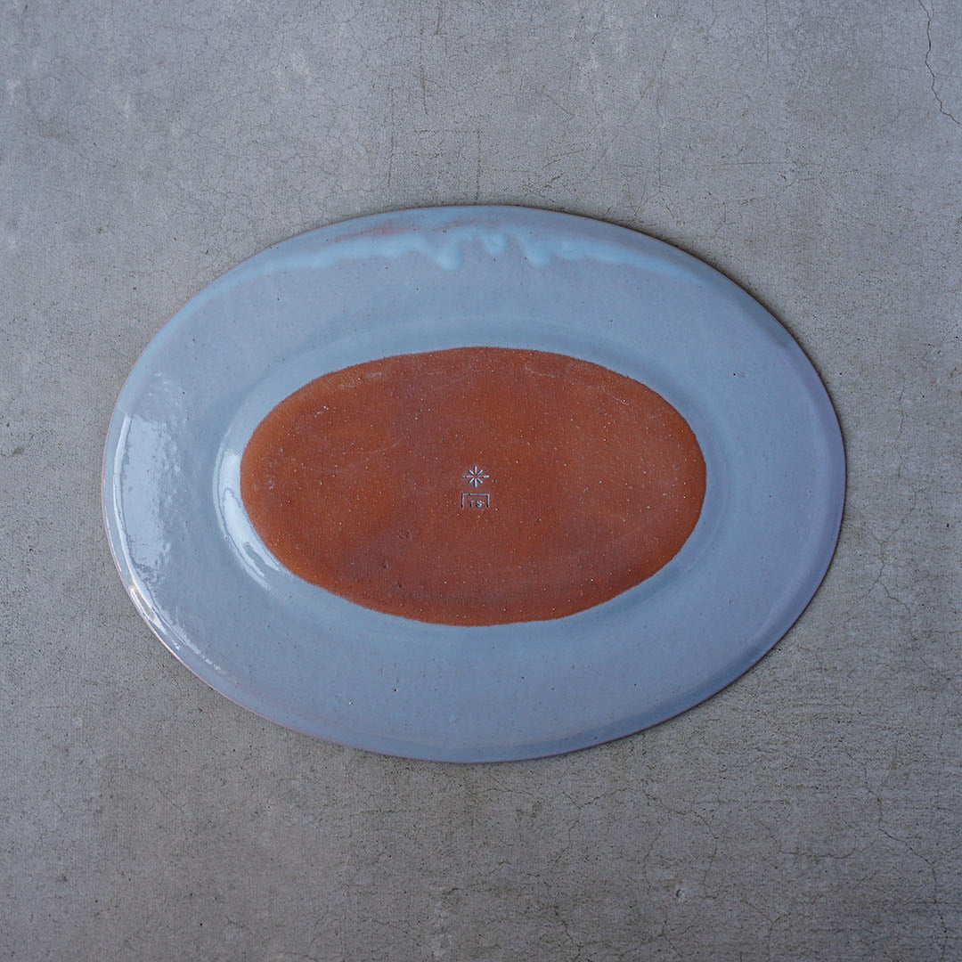 山源陶苑 楕円プレート大 青 赤土 - アメノイエ
