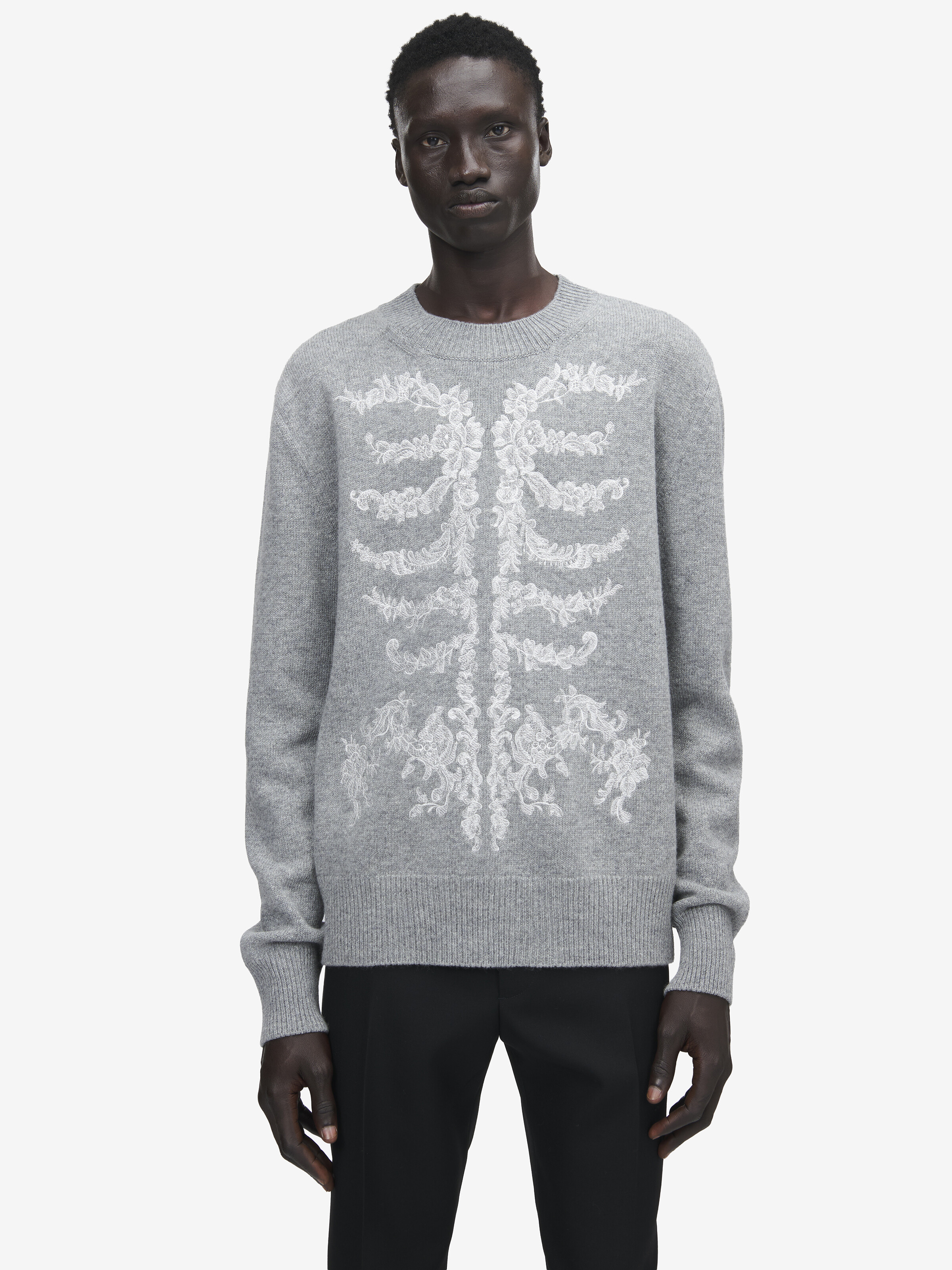 Men's Lace Ribcage Embroidery Jumper in Grey Melange | McQueen US