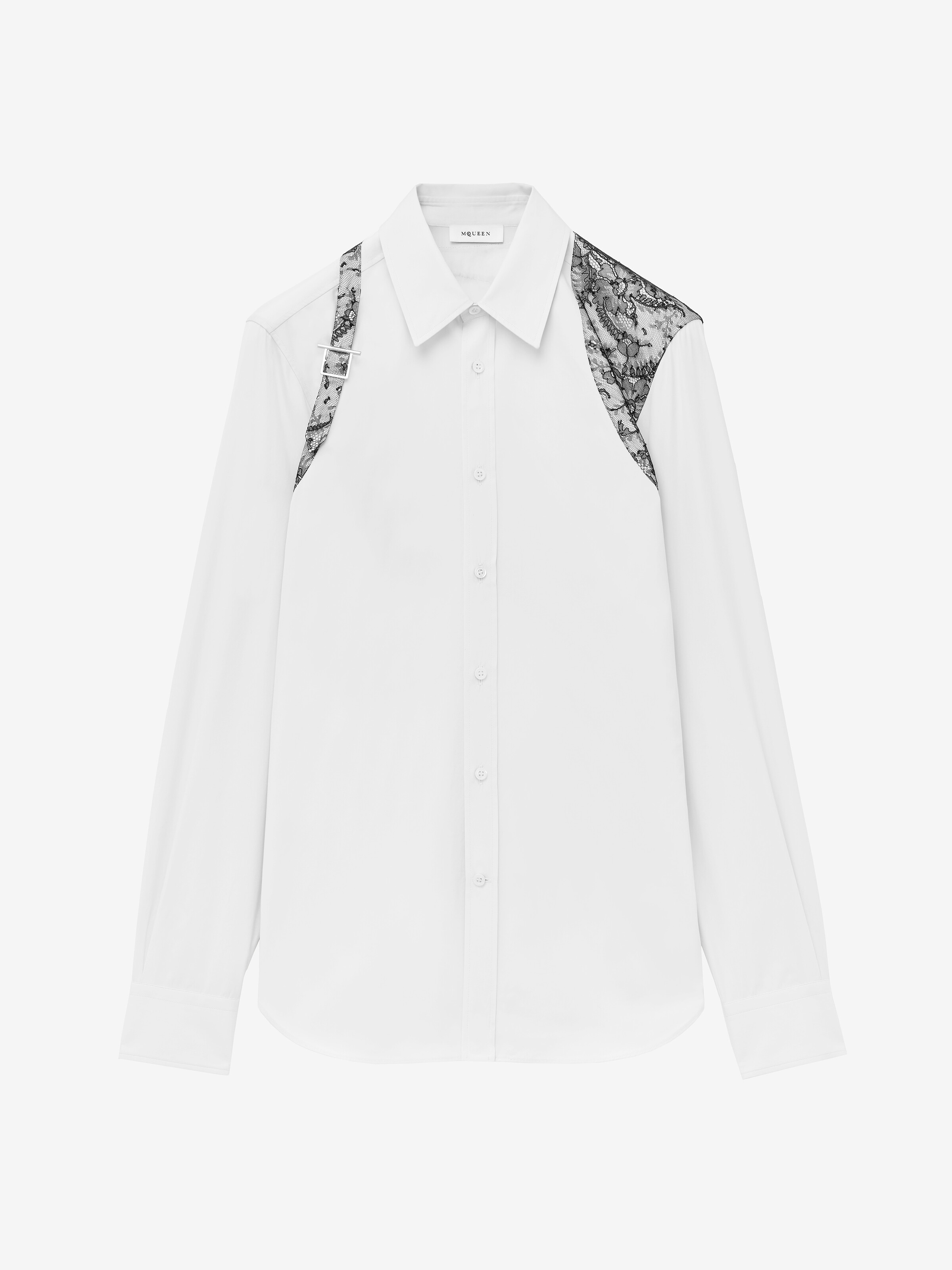 Men's Floral Lace Harness Shirt in Optical White | McQueen US
