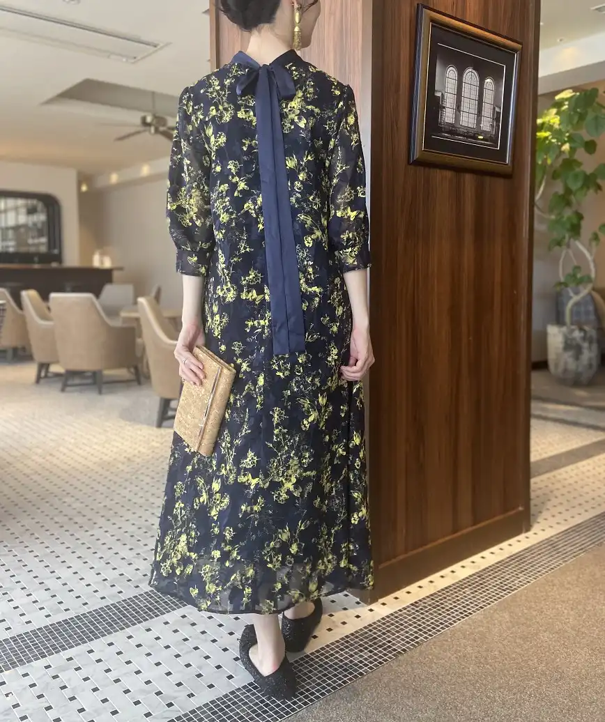 OGシフォンフラワープリントテントラインミディアムスリーブロングドレス