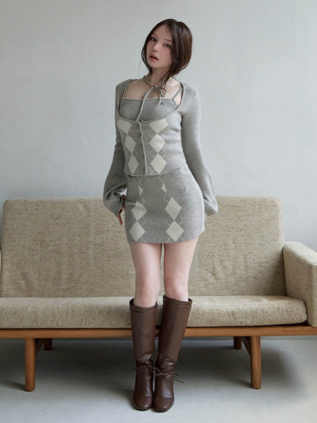 ANDMARY】Argyle ribbon knit set up