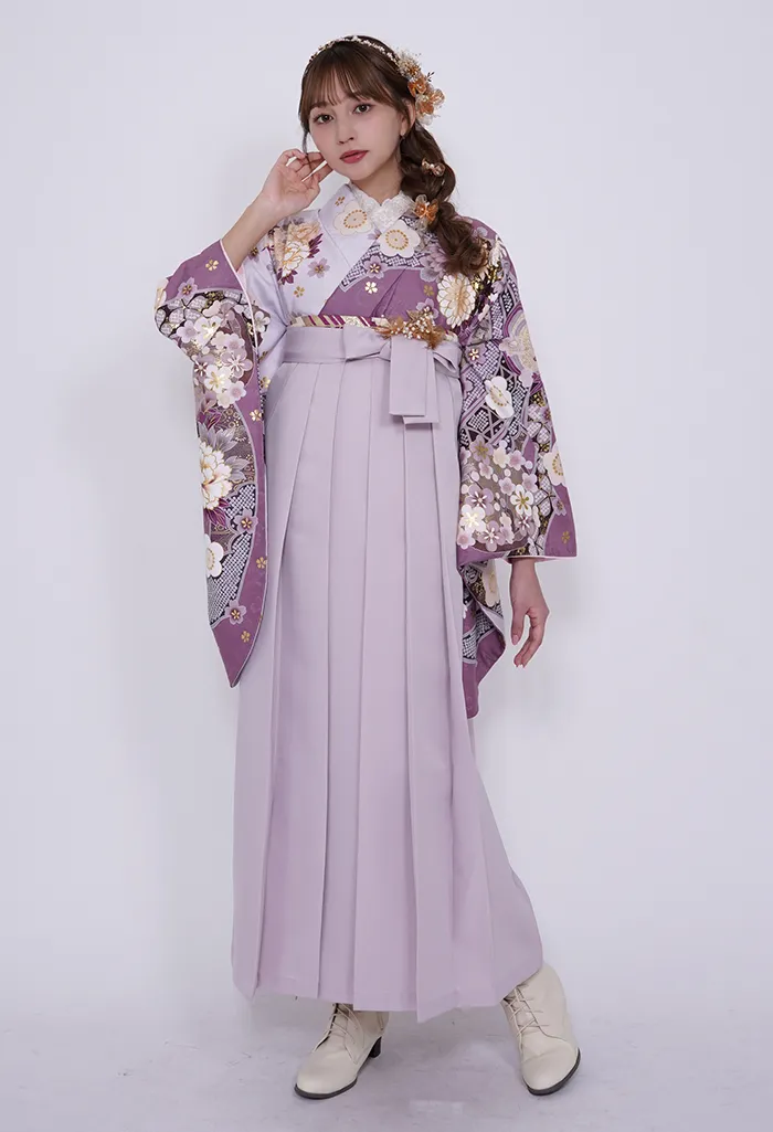 着物】薄紅×白に短冊祝花+【袴】スモーキーピンク｜卒業式袴宅配ネット