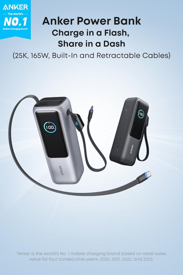 Anker Powerbank 25,000mAh | 165W Fast Charging with Retractable Cables