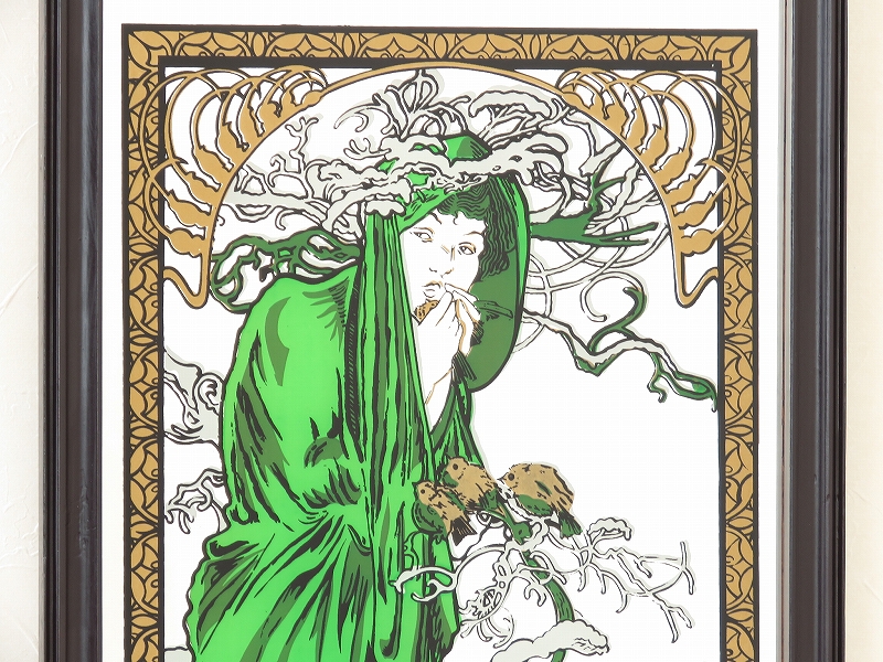 ミュシャの「四季（春・夏・秋・冬）」4枚セットの古い壁掛け鏡