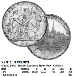 1876年スイス射撃祭ローザンヌ5フラン銀貨の価値と買取相場 | 古銭の森
