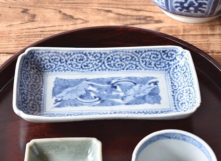 江戸期 富貴長春 古伊万里 染付 金彩 色絵 骨董 長皿 蛸唐草紋 美品 2客
