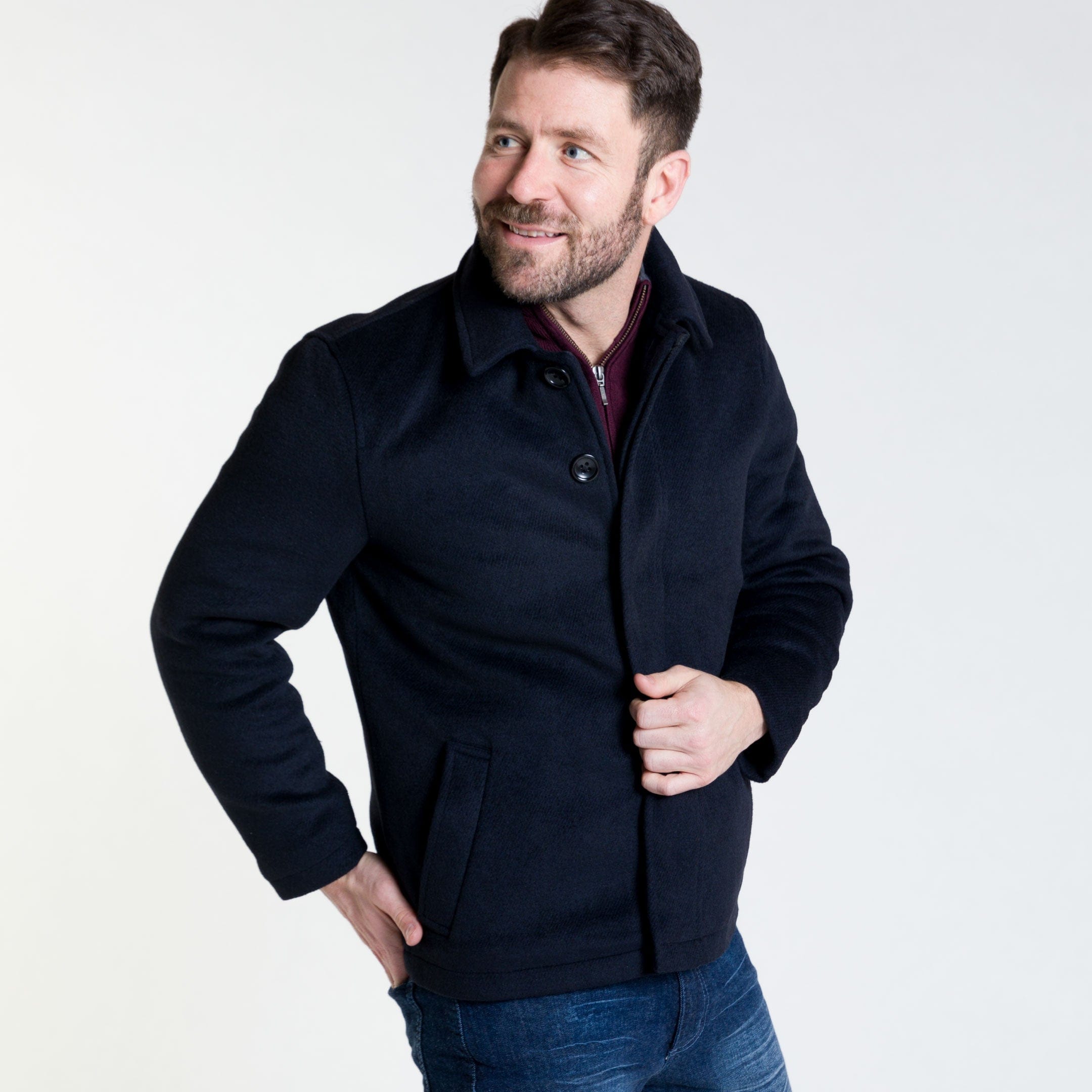 Ash & Erie Navy Herringbone Peacoat for Short Men