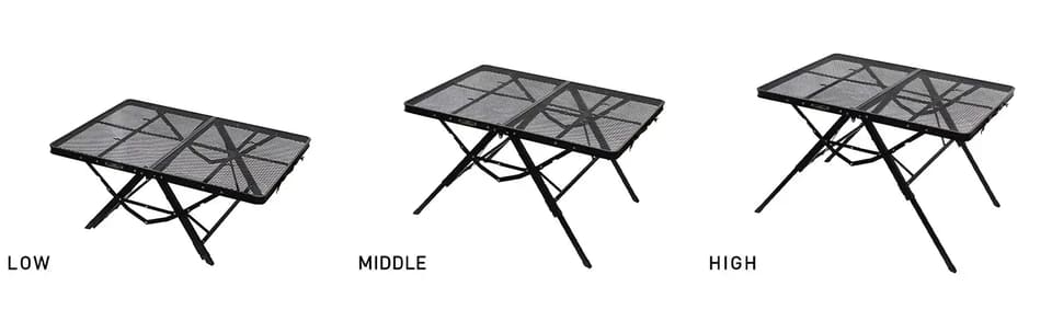 ogawa、高さを3段階で調節できるテーブル3種。耐熱のメッシュタイプ天