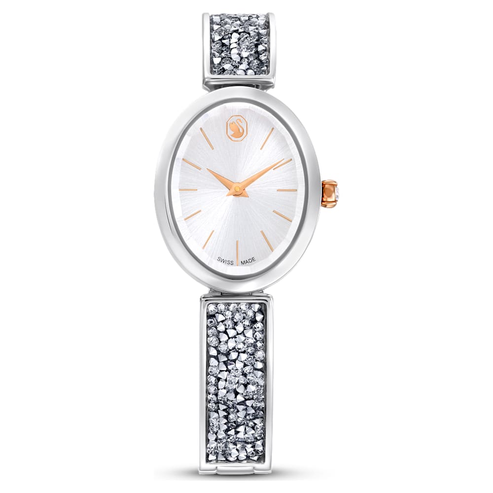 Crystal Rock oval watch, Swiss Made, Crystal bracelet, White