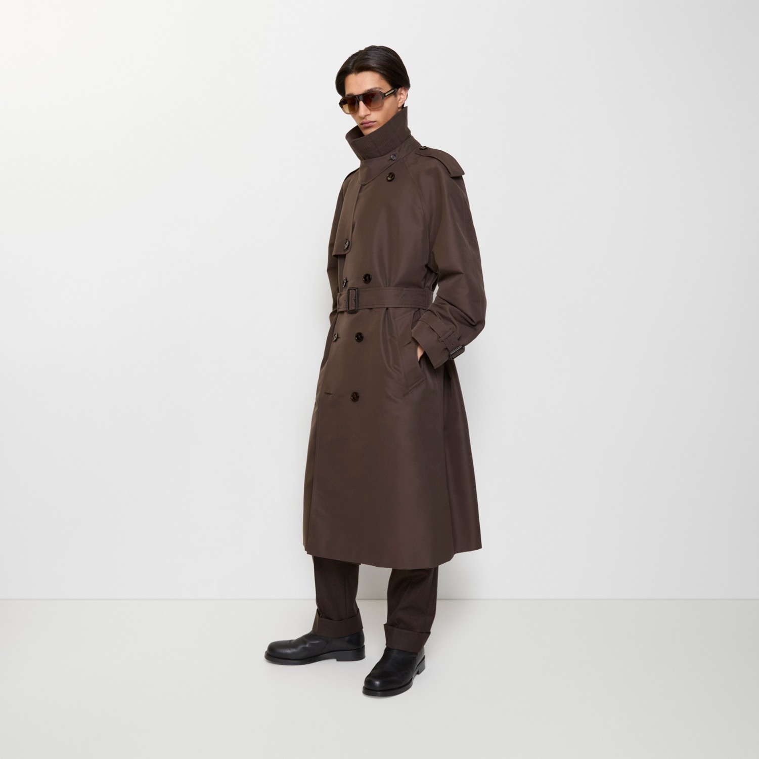 Long Check Collar Silk Cotton Trench Coat in Shade brown - Men