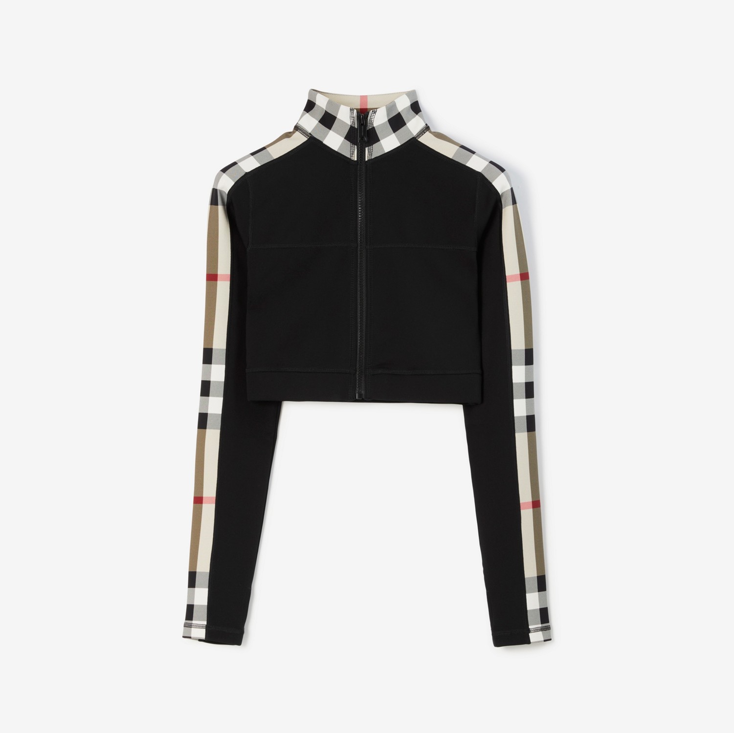 Cropped Check Trim Stretch Jersey Zip Top in Black - Women, Nylon