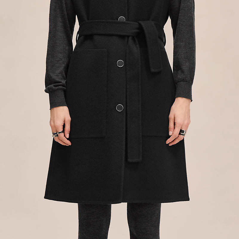 Belted cashmere long vest - Black | Hermès USA