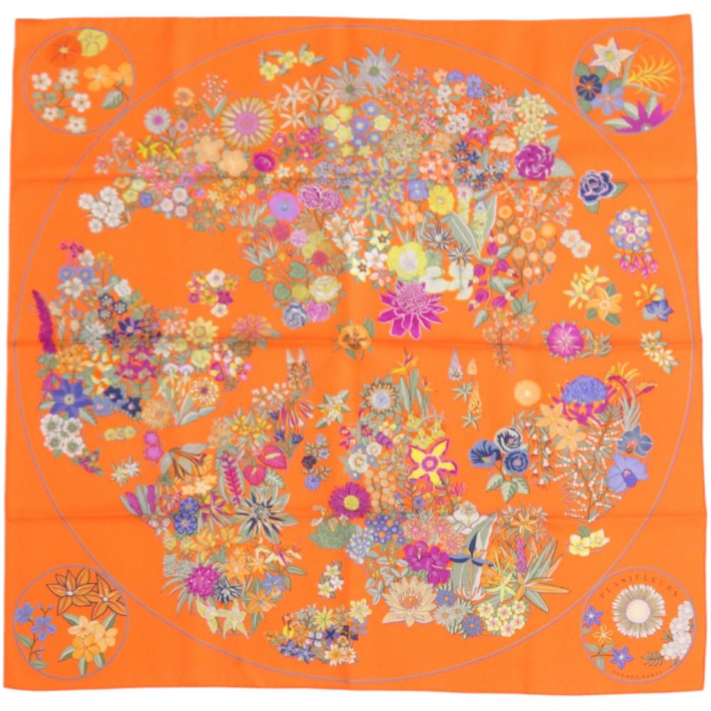 美品 エルメス カレ90 Planifleurs プラニフルール シルク オレンジ