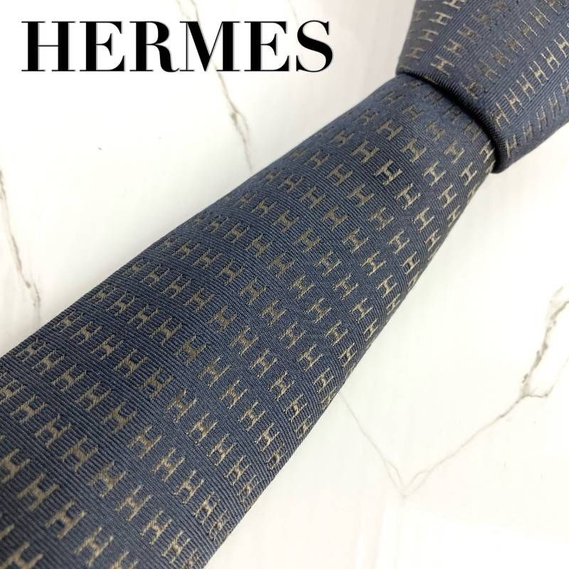 美品 HERMES エルメス ネクタイ ファソネ H柄 H織 ジャガード グレー