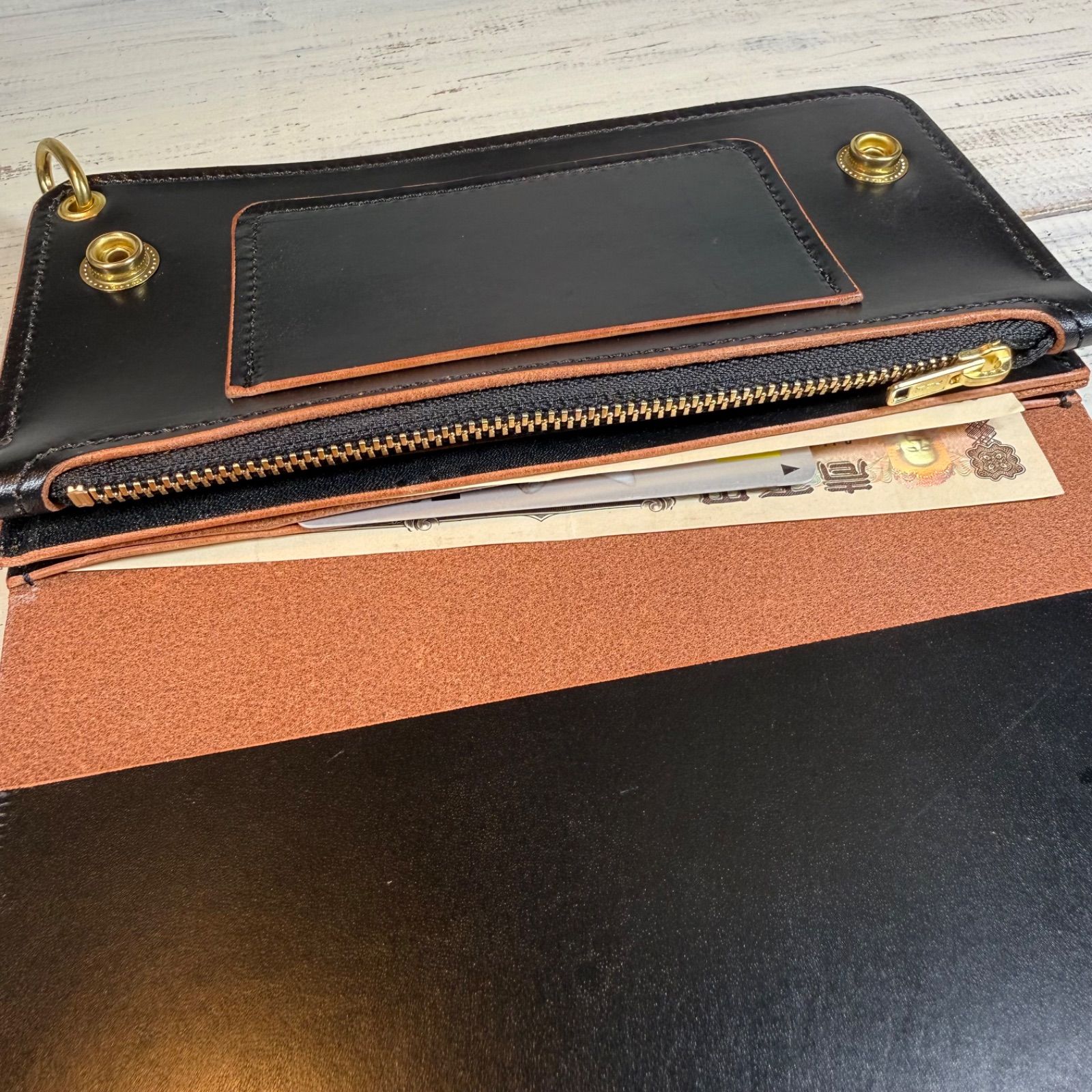 トラッカーウォレット ロング 3層】 ブラック 茶芯 ゴールド YKK