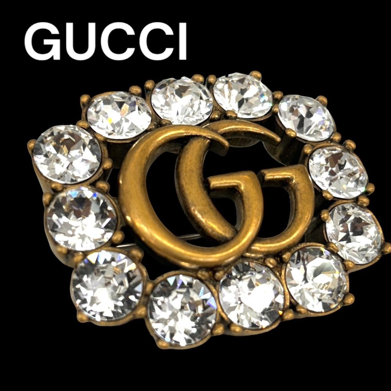 GUCCI グッチ ブローチ GGマーモント GG柄 ラインストーン クリスタル