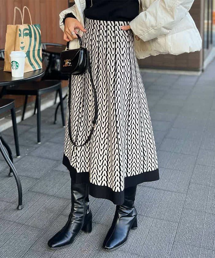 幾何学柄ニットフレアスカート レディース 秋 冬 M L | アクアガレージ