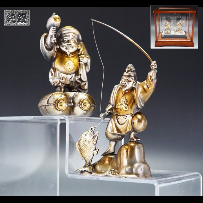 武比古作 純銀 恵比寿天 大黒天 宝船 置物 インテリア 縁起物 刻印有り