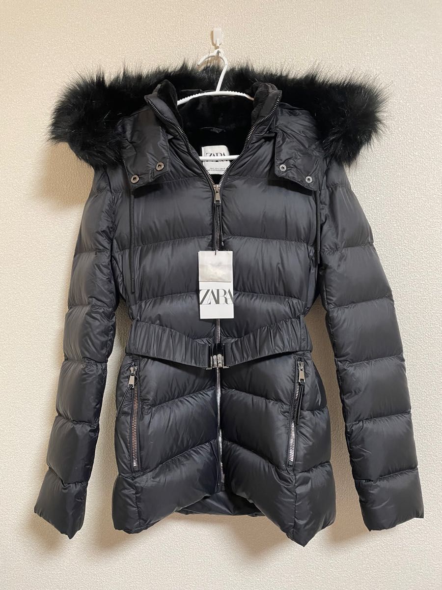 新品タグ付き ZARA ベルト付きファーフード ダウンジャケット コート