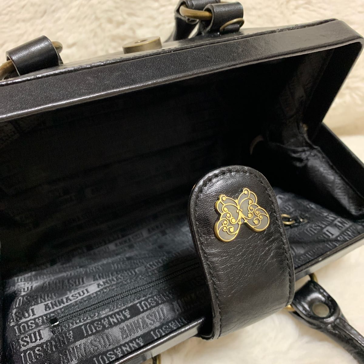 美品】アナスイ ボストンバッグ ハンドバッグ ドクターバッグ 黒 蝶々