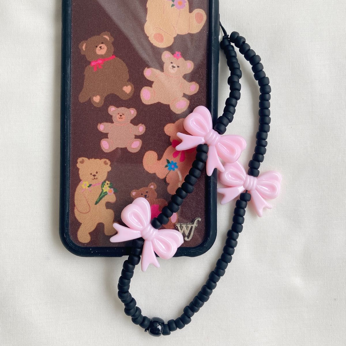 海外 ハート ビーズ スマホストラップ ハンドメイド string ting black