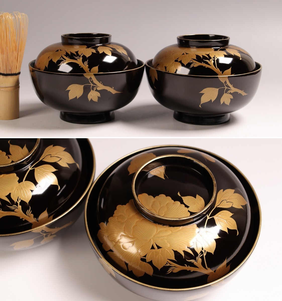 CF88 時代輪島塗 牡丹に蝶金蒔絵黒塗椀 二客 金縁 木製漆器 明治大正期