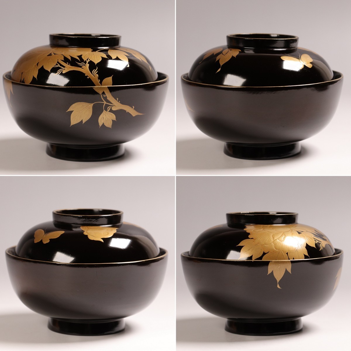 CF88 時代輪島塗 牡丹に蝶金蒔絵黒塗椀 二客 金縁 木製漆器 明治大正期