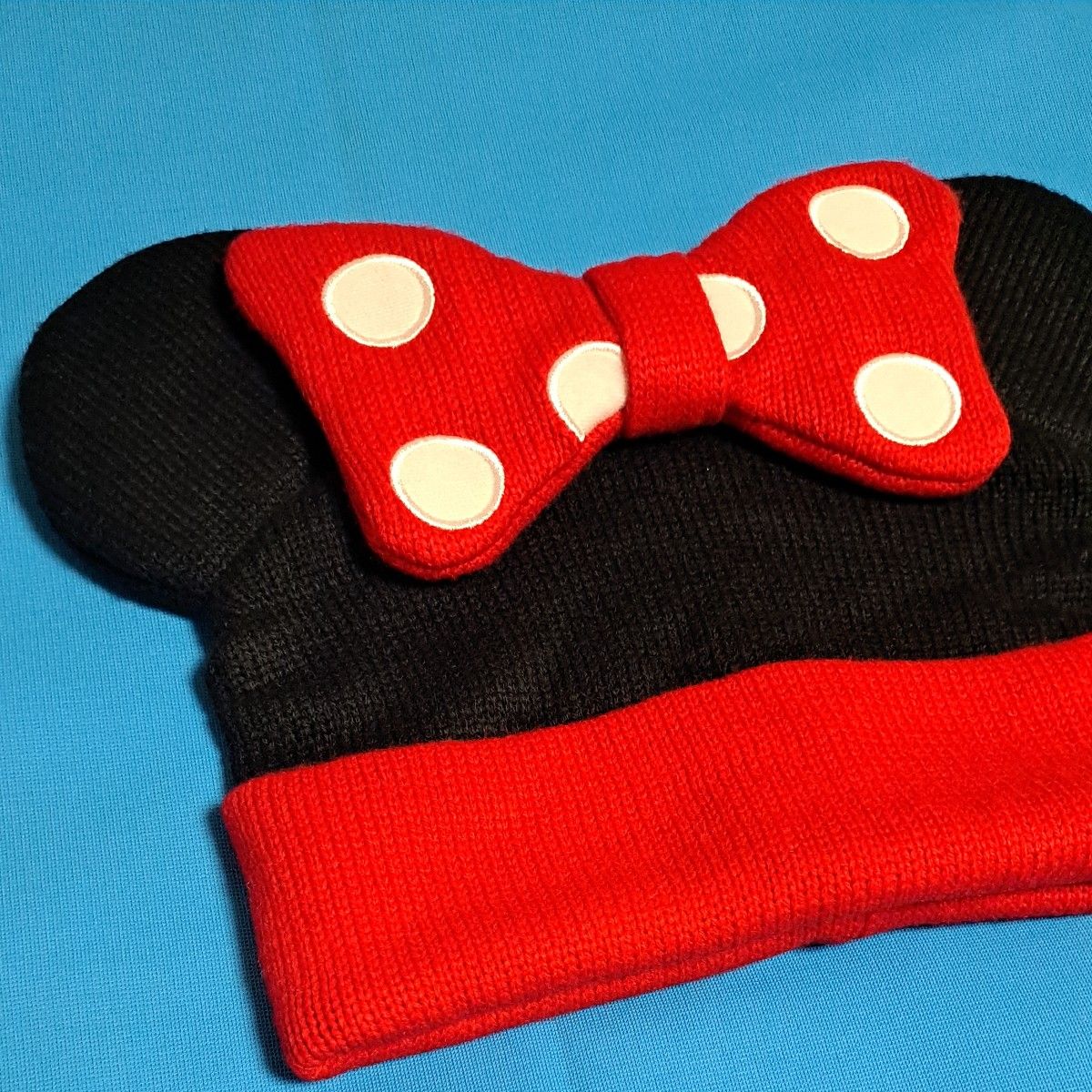 Disney ミニー 耳付き ニット帽 リボン ビーニー 赤 黒 58cm 刺繍