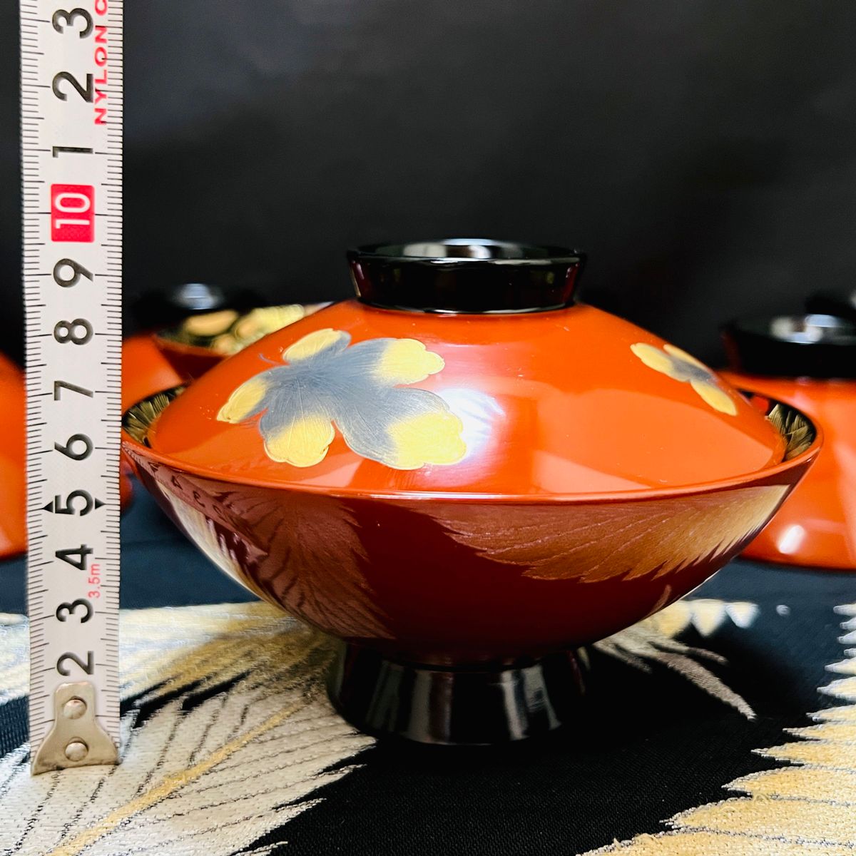 漆器 輪島塗 蒔絵金彩細工 沈金菊模様木製 蓋付椀 吸物椀 10客 共箱