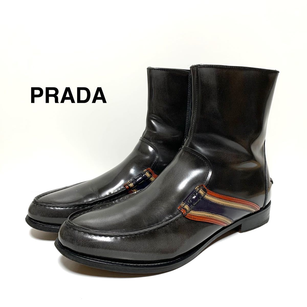 良品 プラダ PRADA サイドライン ジップアップ レザー ショートブーツ