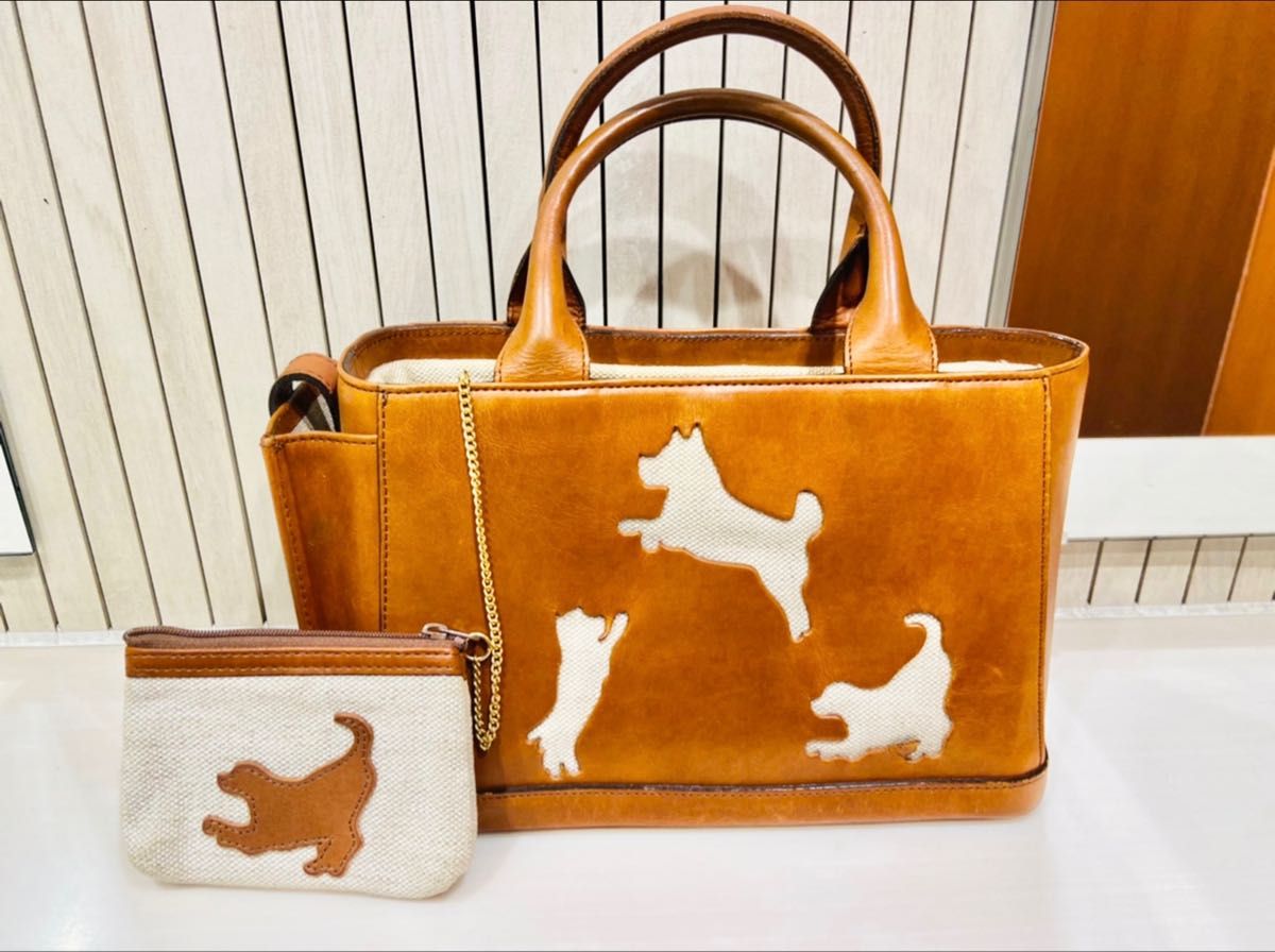 希少 本革 Kitamura トートバッグ ハンドバッグ レザー 犬柄 ワンコ