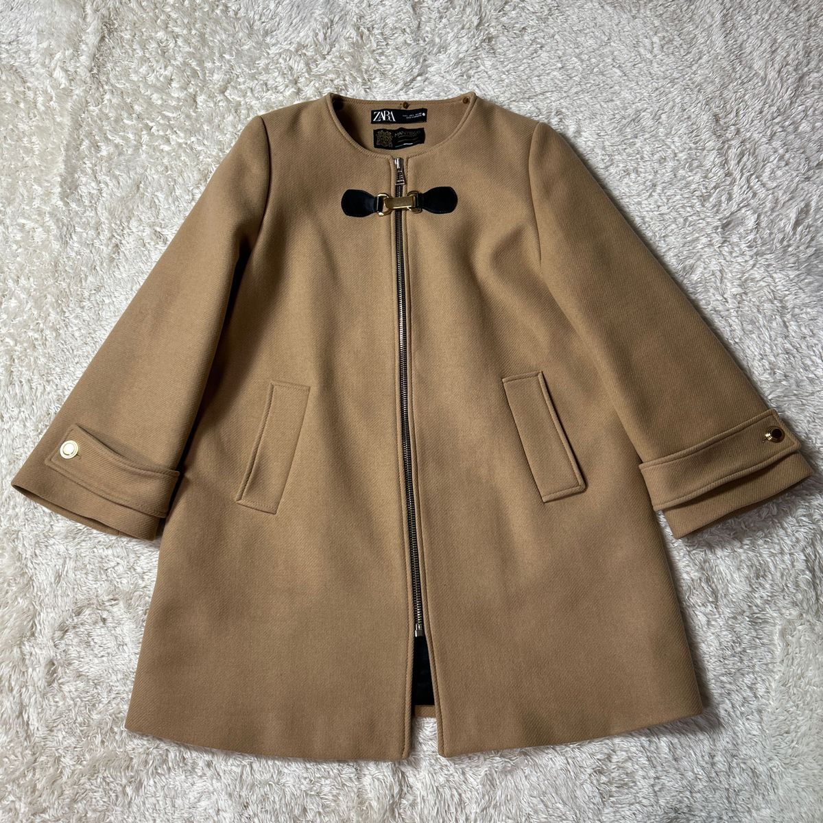 美品】ZARA × MANTECO 2way ノーカラーコート ファー脱着可能 Lサイズ
