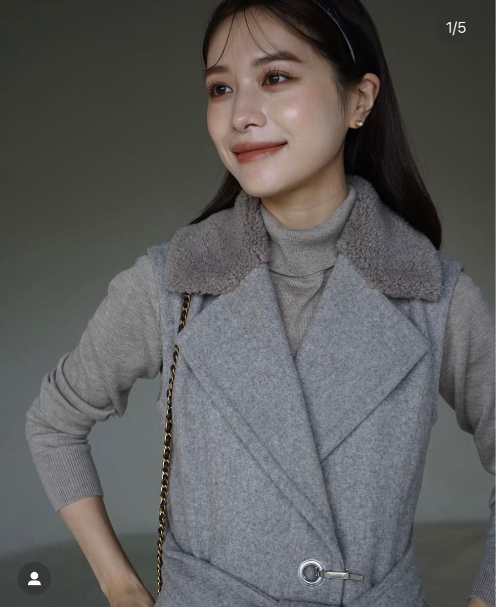 L'AUBE BLANC Belted Wool long gilet ベルテッドウールロングジレ