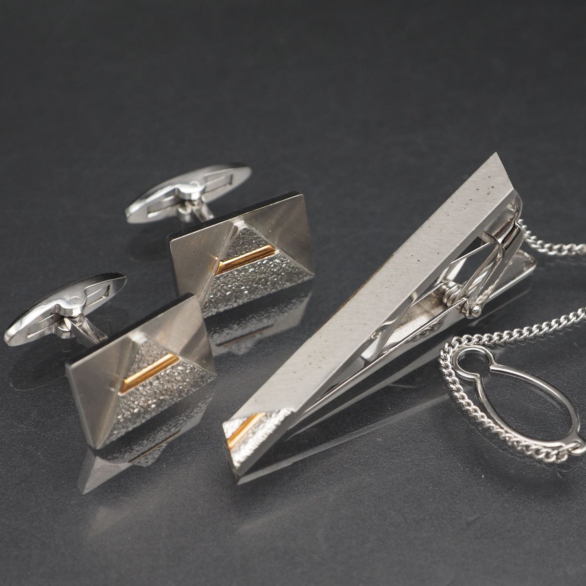 P072 ヴィンテージ K18 SILVER刻印 ネクタイピン カフスボタン セット