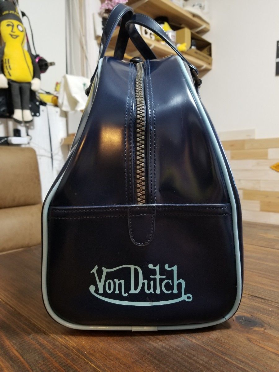 美品 VonDutch ボンダッチ ボストンバッグ エナメル ネイビー 水色 即