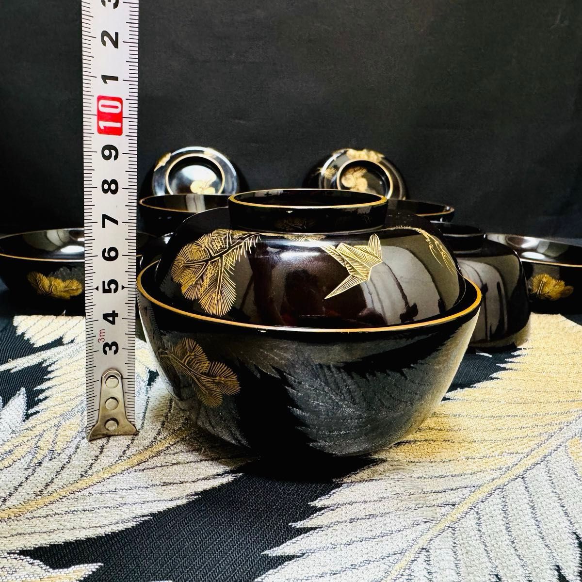 漆器 輪島塗 沈金松鶴 金蒔絵 木製 蓋付椀 お煮物椀 吸物椀 5客 骨董