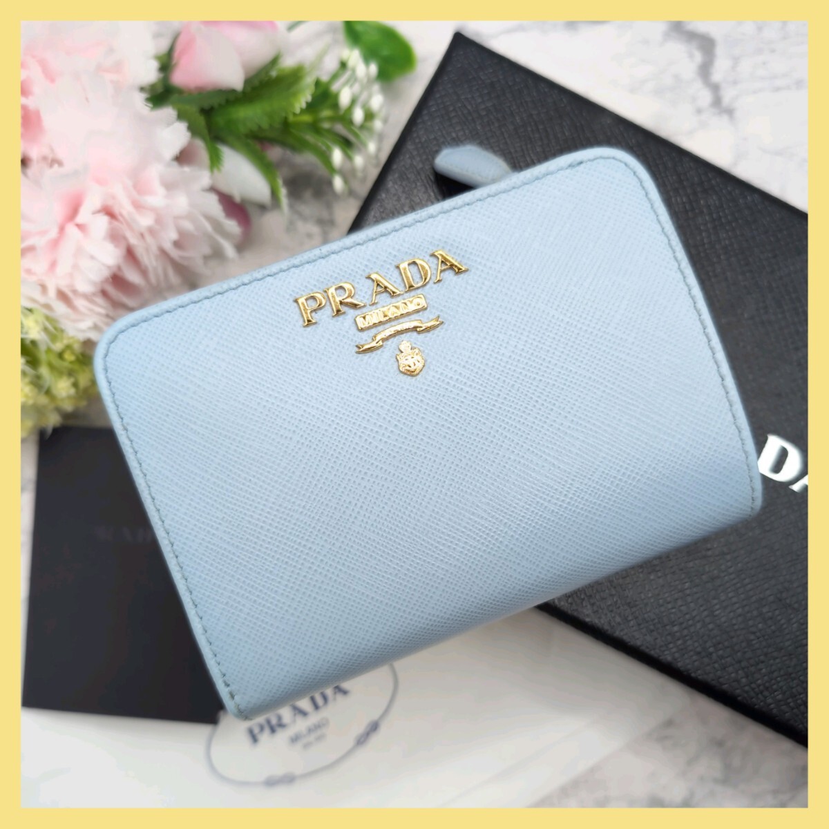 美品 PRADA プラダ サフィアーノ 折り財布 水色 トライカラー 財布