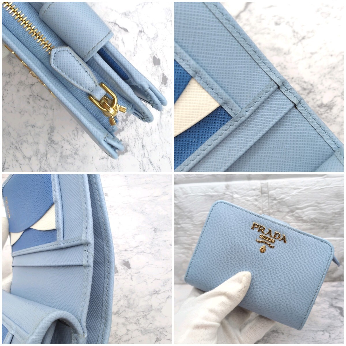 美品 PRADA プラダ サフィアーノ 折り財布 水色 トライカラー 財布