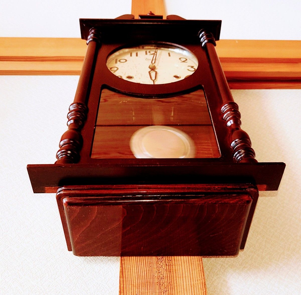 完動・美品〉明治時計 両柱型扉ゼンマイ振り子掛け時計 置時計