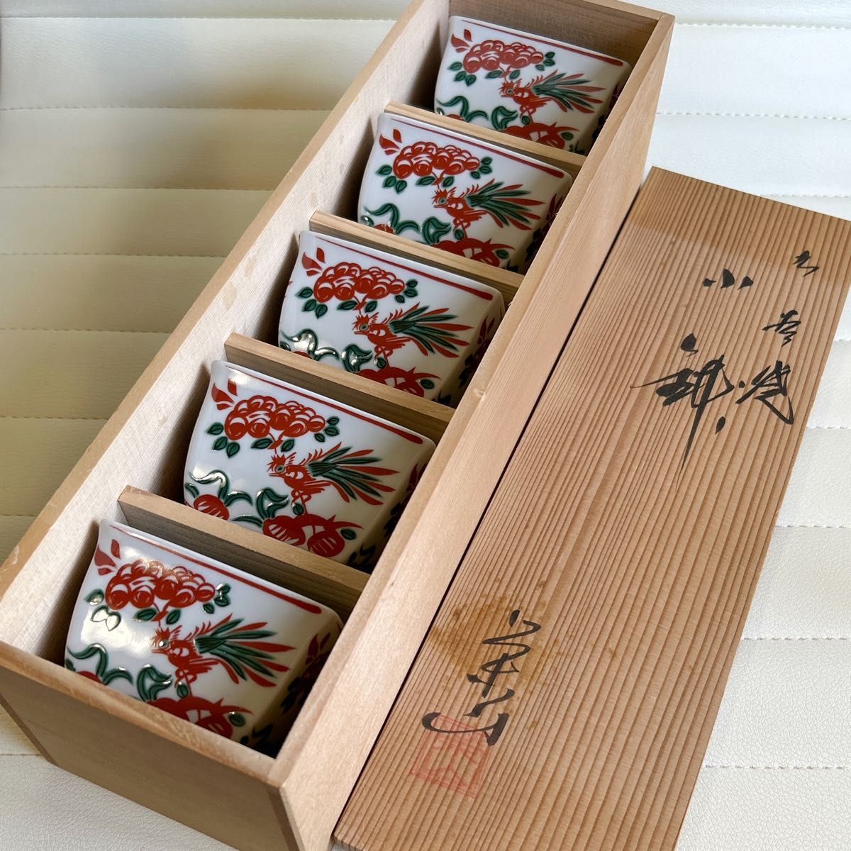 九谷焼 栄山窯 赤絵花鳥 小鉢揃 5枚セット 角鉢 色絵 角皿 和食器 共箱