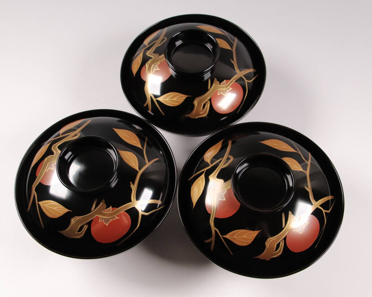 CK71 漆芸 木製漆器 輪島塗 柿蒔絵 黒塗御吸物椀 三客 / 伝統工芸品
