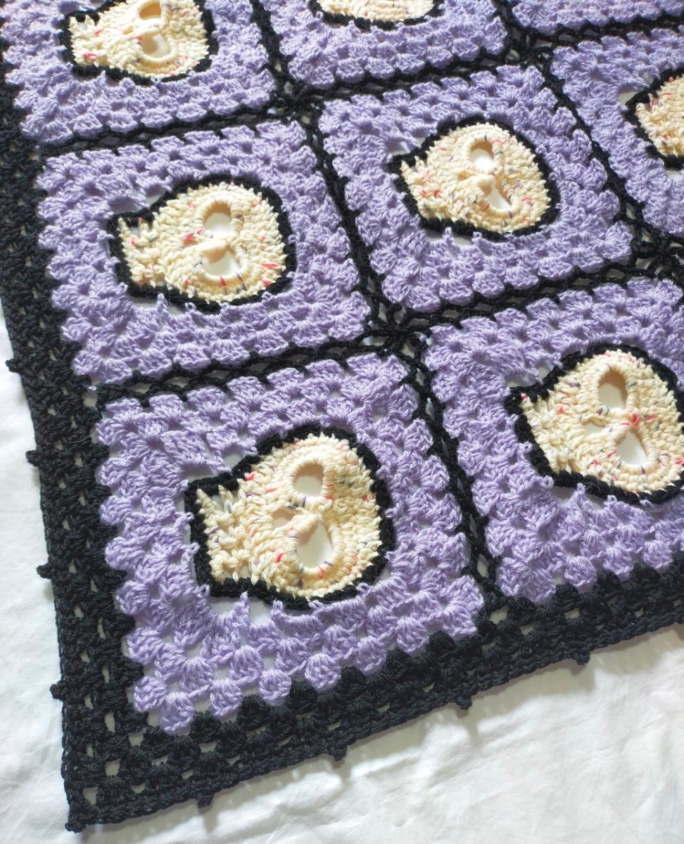 スカル ブランケット マルチカバー 紫色ラメ① ハンドメイド 編み物