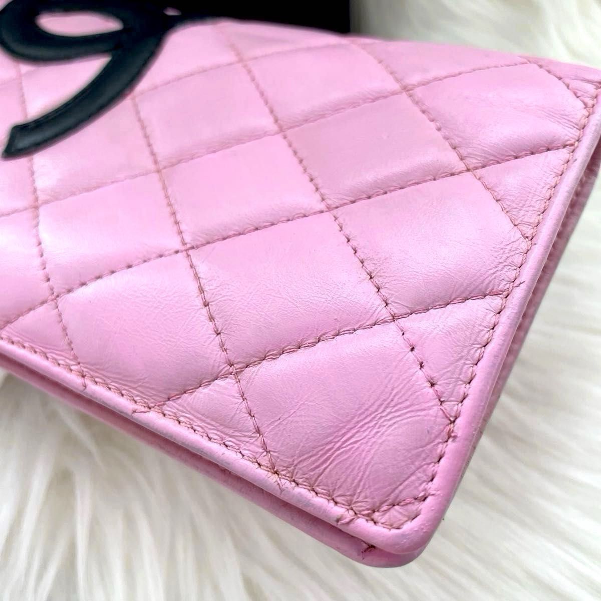シャネル CHANEL二つ折り 長財布 カンボンライン ココマーク ピンク 黒
