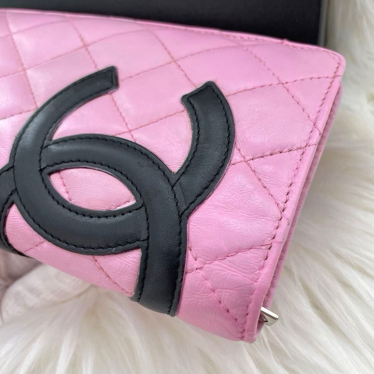 シャネル CHANEL二つ折り 長財布 カンボンライン ココマーク ピンク 黒