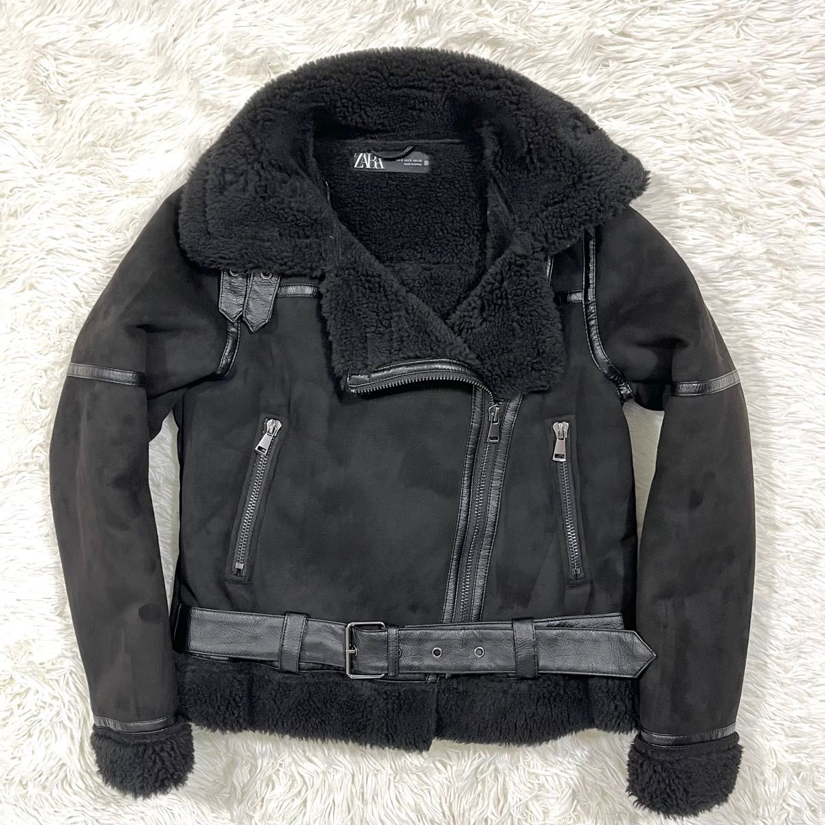 ZARA ザラ フェイクムートン ダブルライダースジャケット 裏地ボア B-3