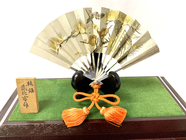 武比古 純銀 扇 4号 松竹梅 SILVER999 SV 置物 日本の伝統工芸