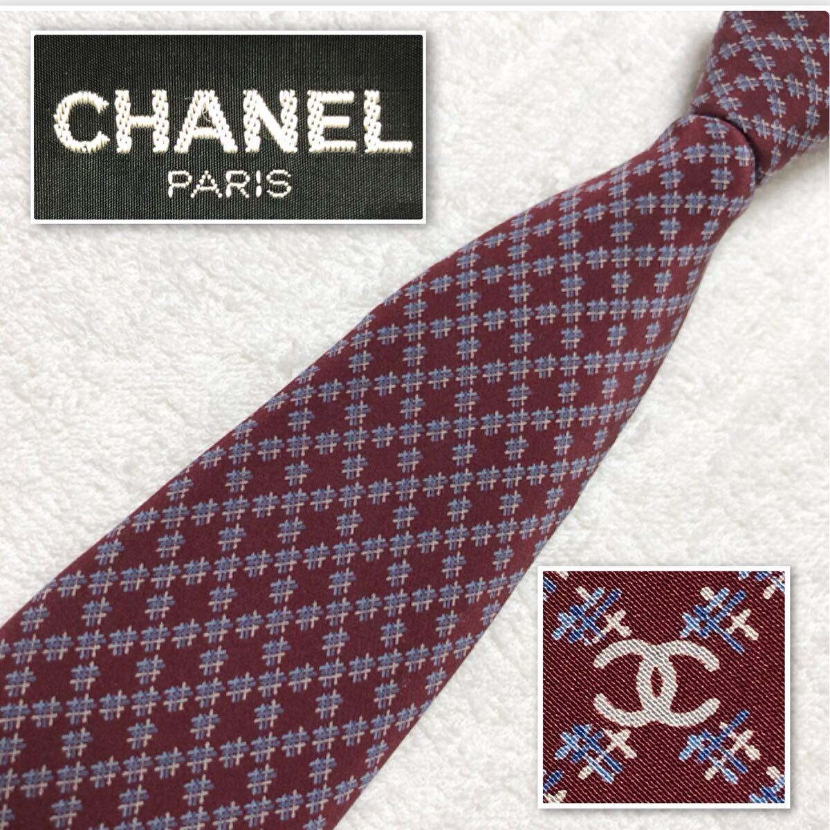 表側美品 CHANEL シャネル ネクタイ ココマーク 格子 柵 総柄 シルク
