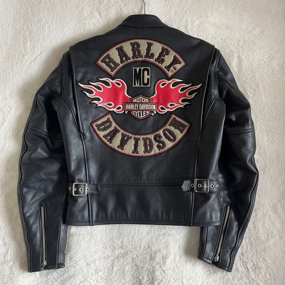 美品】HARLEY DAVIDSON レザーライダースジャケット ファイヤー 刺繍