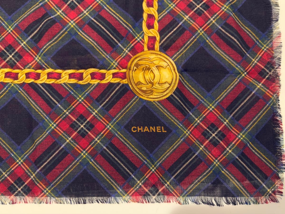 美品 CHANEL シャネル ココマーク スカーフ シルク カシミア タータン