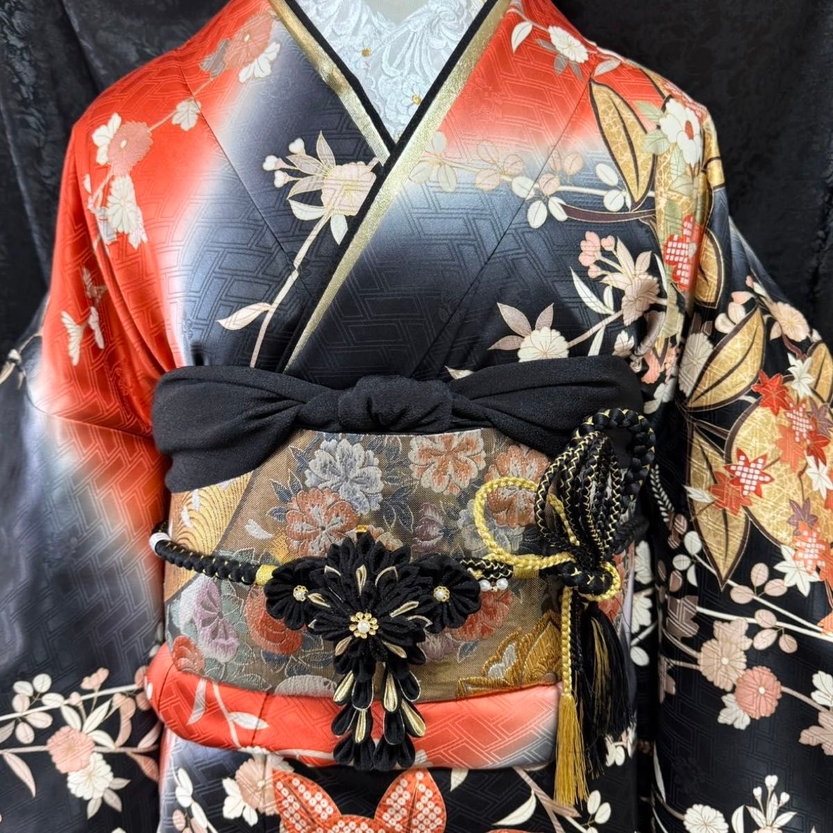 吉澤友禅 吾妻徳穂 美品 金彩 駒刺繍 橘吉祥花文 フルセット 振袖